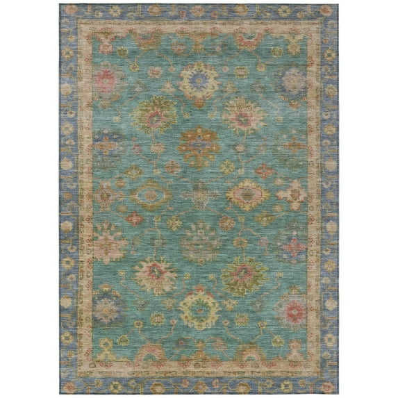 HomeRoots 630118 5 x 8 ft. Teal, Blue & Gold Floral Washable Traditional Indoor & Outdoor Rectangle Area Rug