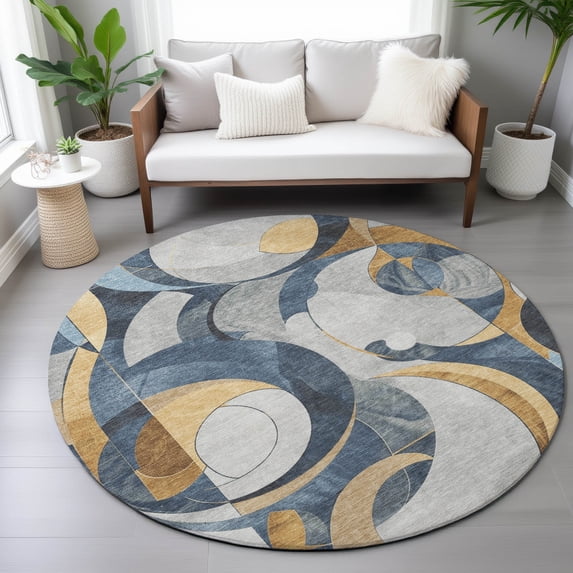 Addison Rugs Chantille Indoor/Outdoor Transitional Geometric Blue Machine Washable Round Rug, 8' x 8'