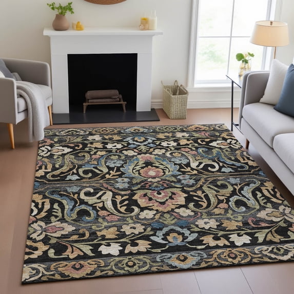 Addison Rugs Chantille Indoor/Outdoor Transitional Floral Black Machine Washable Rectangle Rug, 3' x 5'