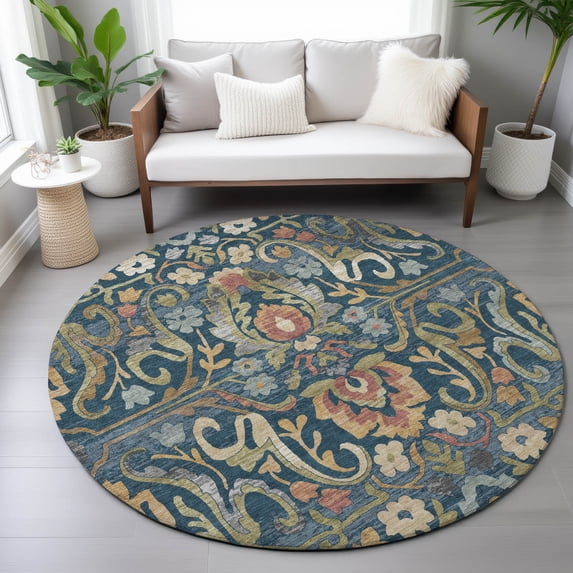 Addison Rugs Chantille Indoor/Outdoor Transitional Floral Navy Machine Washable Round Rug, 8' x 8'