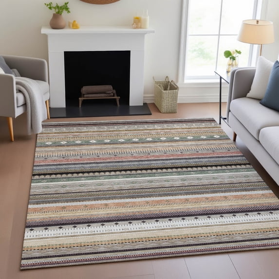Addison Rugs Chantille Indoor/Outdoor Transitional Stripes Khaki Machine Washable Rectangle Rug, 3' x 5'