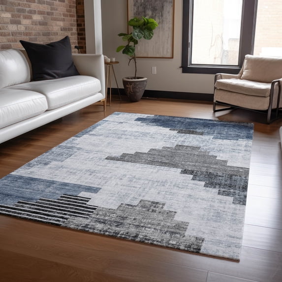 HomeRoots 621911 5 x 8 ft. Blue, Ivory & Charcoal Geometric Washable Transitional Indoor & Outdoor Rectangle Area Rug