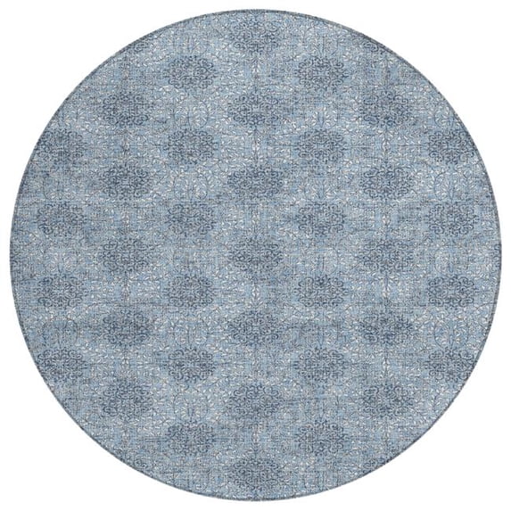 HomeRoots 622990 8 ft. Blue & Ivory Damask Washable Transitional Indoor & Outdoor Round Area Rug