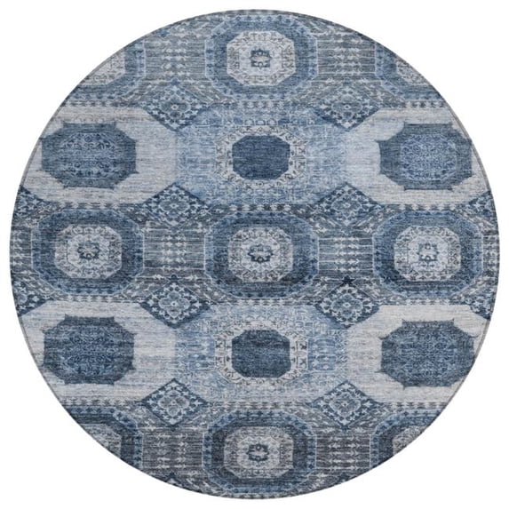 HomeRoots 626100 8 ft. Blue & Ivory Medallion Washable Transitional Indoor & Outdoor Round Area Rug