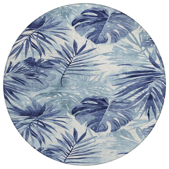 HomeRoots 624003 8 ft. Blue & Ivory Floral Washable Transitional Indoor & Outdoor Round Area Rug
