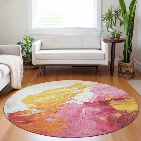 Addison Rugs Chantille Indoor/Outdoor Transitional Abstract Blush Machine Washable Round Rug, 8' x 8'