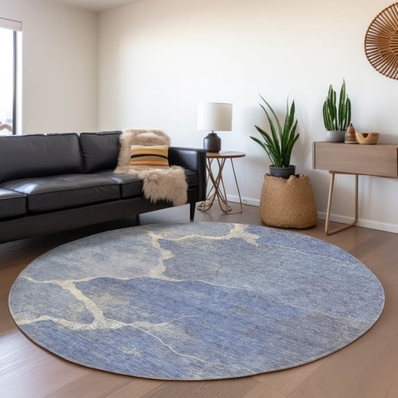 Addison Rugs Chantille Indoor/Outdoor Transitional Abstract Denim Machine Washable Round Rug, 8' x 8'