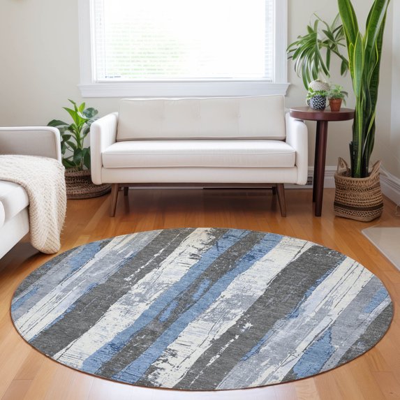 Addison Rugs Chantille Indoor/Outdoor Transitional Stripes Denim Machine Washable Round Rug, 8' x 8'