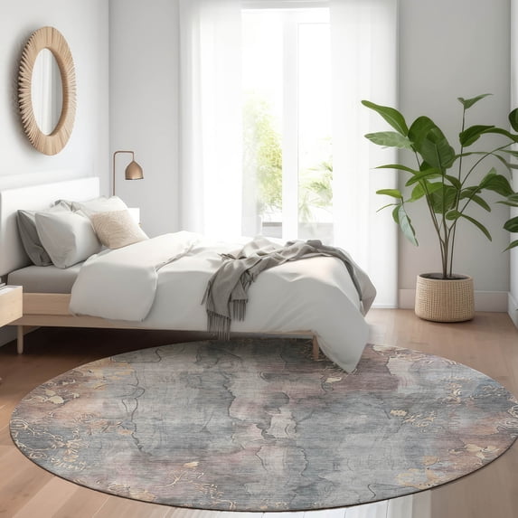 Addison Rugs Chantille Indoor/Outdoor Transitional Floral Gray Machine Washable Round Rug, 8' x 8'