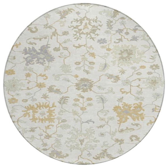 HomeRoots 622936 8 ft. Ivory, Gray & Taupe Floral Washable Transitional Indoor & Outdoor Round Area Rug