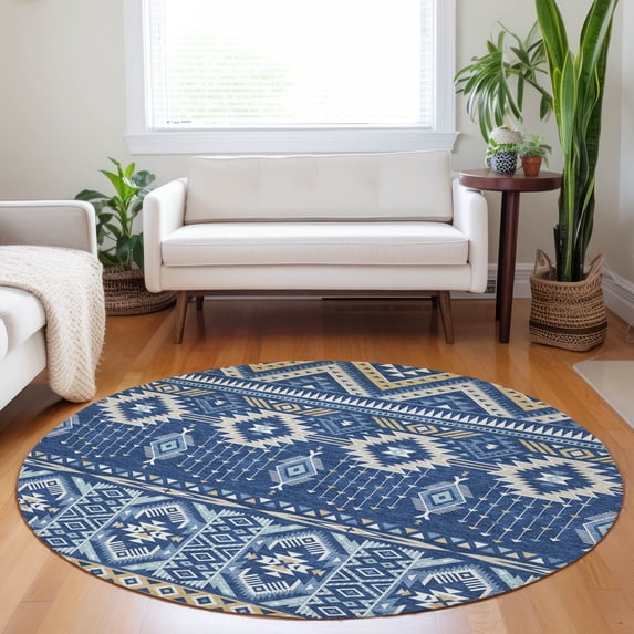 Addison Rugs Chantille Indoor/Outdoor Transitional Aztec Navy Machine Washable Round Rug, 8' x 8'