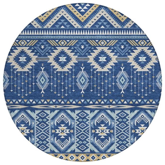HomeRoots 622793 8 ft. Navy Blue Beige & Ivory Aztec Washable Transitional Indoor & Outdoor Round Area Rug