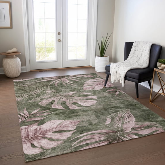 Addison Rugs Chantille Indoor/Outdoor Transitional Floral Olive Machine Washable Rectangle Rug, 5' x 7'6"