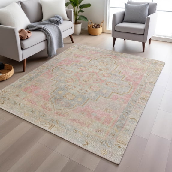 Addison Rugs Chantille Indoor/Outdoor Transitional Border Pink Machine Washable Rectangle Rug, 5' x 7'6"