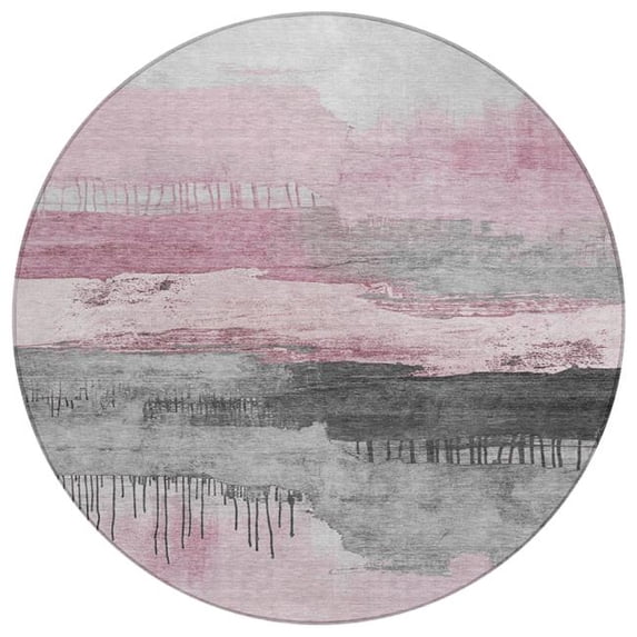 HomeRoots 623799 8 ft. Pink & Charcoal Abstract Washable Transitional Indoor & Outdoor Round Area Rug