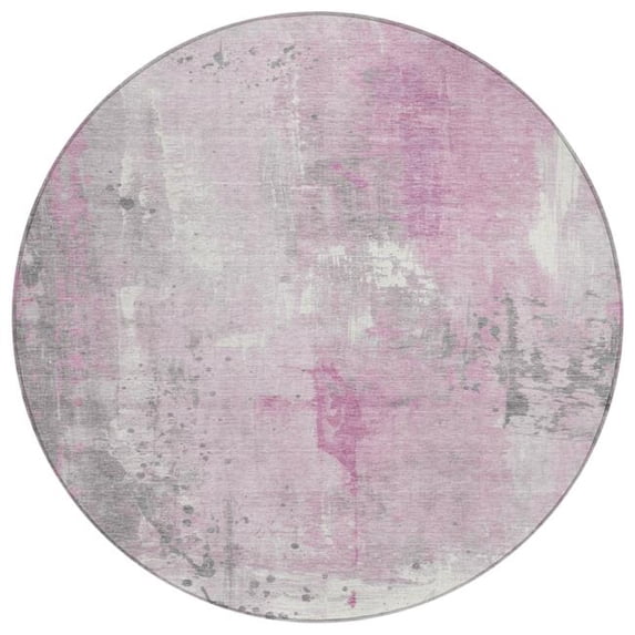 HomeRoots 622398 8 ft. Pink & Gray Abstract Washable Transitional Indoor & Outdoor Round Area Rug