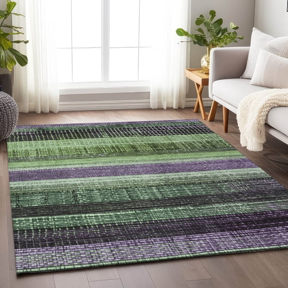 HomeRoots 623524 8 x 10 ft. Purple & Green Striped Washable Transitional Indoor & Outdoor Rectangle Area Rug