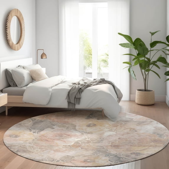 Addison Rugs Chantille Indoor/Outdoor Transitional Floral Taupe Machine Washable Round Rug, 8' x 8'