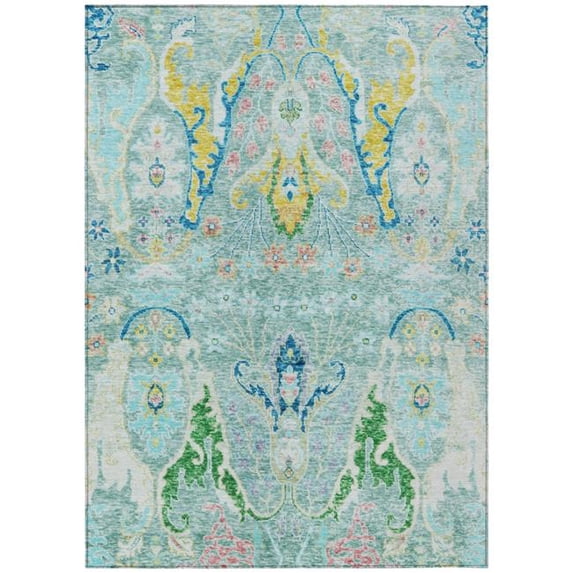 HomeRoots 626307 10 x 14 ft. Teal Blue Yellow & Green Floral Washable Transitional Indoor & Outdoor Rectangle Area Rug
