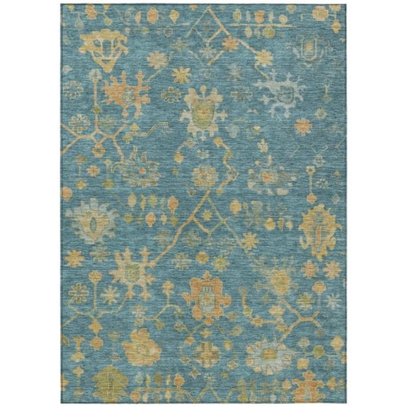HomeRoots 626249 5 x 8 ft. Teal, Blue & Gold Floral Washable Traditional Indoor & Outdoor Rectangle Area Rug