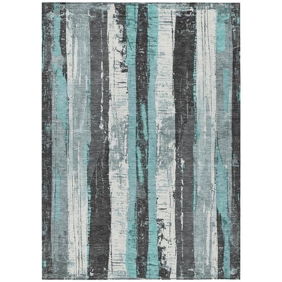 HomeRoots 623498 5 x 8 ft. Teal, Blue & Gray Striped Washable Transitional Indoor & Outdoor Rectangle Area Rug