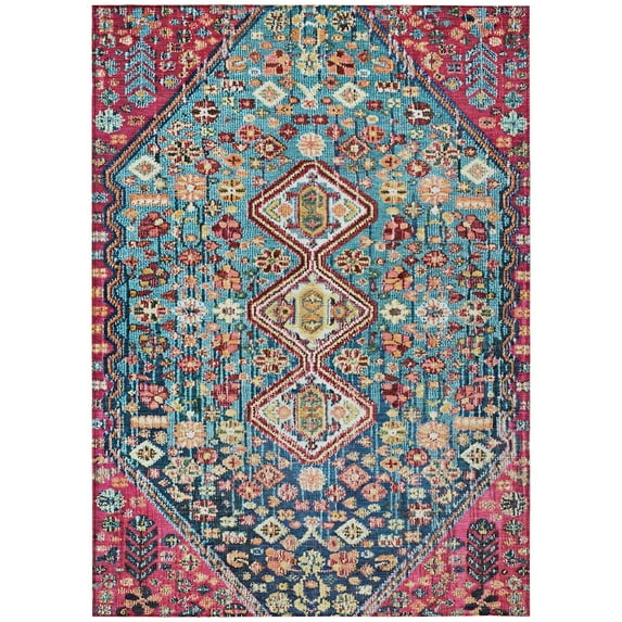 HomeRoots 622177 8 x 10 ft. Teal, Blue & Merlot Aztec Washable Transitional Indoor & Outdoor Rectangle Area Rug