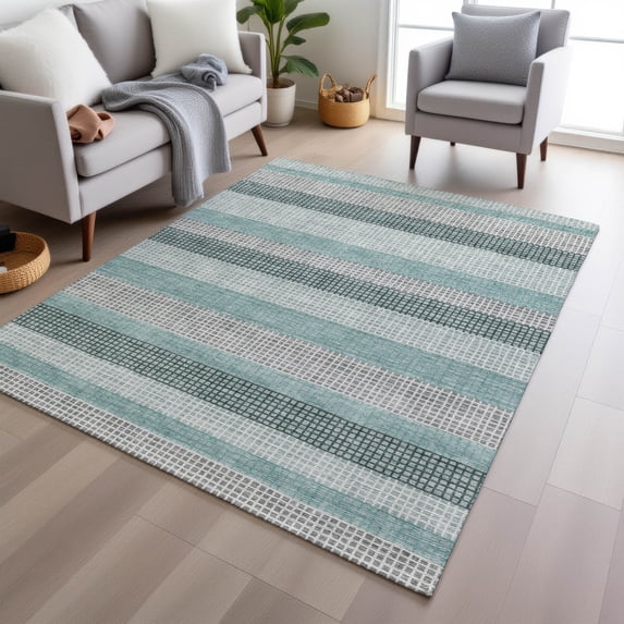 Addison Rugs Chantille Indoor/Outdoor Transitional Stripes Teal Machine Washable Rectangle Rug, 8' x 10'