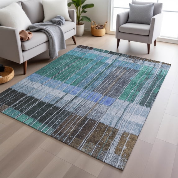 Addison Rugs Chantille Indoor/Outdoor Transitional Stripes Teal Machine Washable Rectangle Rug, 9' x 12'