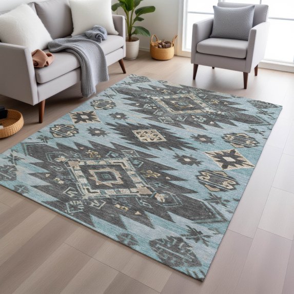 Addison Rugs Chantille Indoor/Outdoor Transitional Tribal Teal Machine Washable Rectangle Rug, 9' x 12'