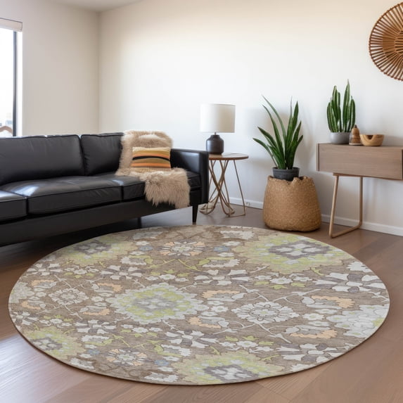 Addison Rugs Mayfield Premium Machine Washable Traditional Oriental Taupe Round Rug, 8' x 8'