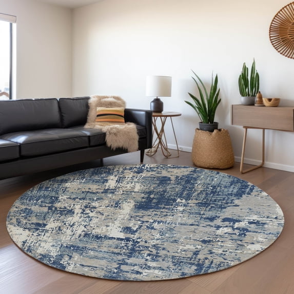 Addison Rugs Mayfield Premium Machine Washable Transitional Abstract Navy Round Rug, 8' x 8'