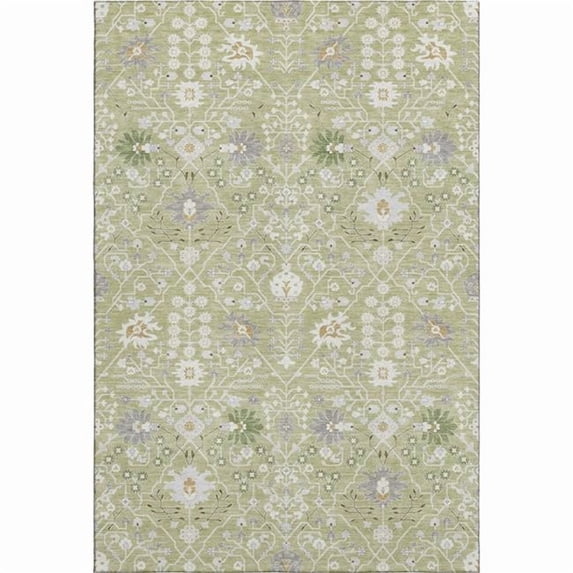 HomeRoots 679170 5 x 8 ft. Artichoke Green, Gray & Ivory Oriental Washable Machine Made Rectangle Area Rug with UV Protection