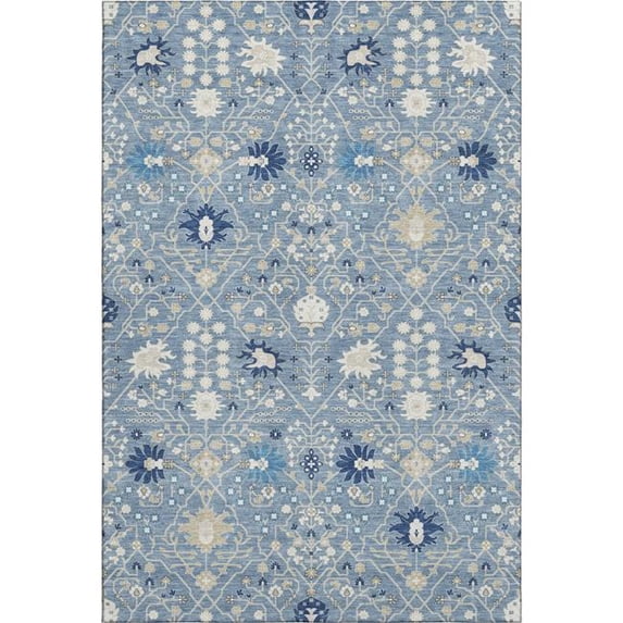HomeRoots 679197 9 x 12 ft. Denim Blue Beige & Ivory Oriental Washable Machine Made Rectangle Area Rug with UV Protection