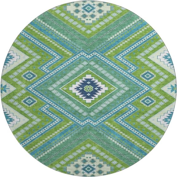 HomeRoots 679291 8 ft. Lime Green Teal & Ivory Tribal Washable Round Area Rug with UV Protection