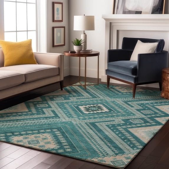 Addison Rugs Mayfield Premium Machine Washable Transitional Tribal Teal Rectangle Rug, 9' x 12'