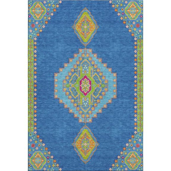 HomeRoots 679562 8 x 10 ft. Denim Blue Lime Green & Orange Oriental Washable Machine Made Rectangle Area Rug with UV Protection