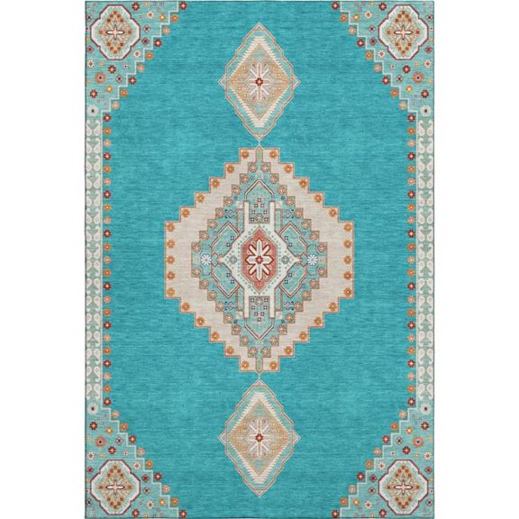 HomeRoots 679606 10 x 14 ft. Teal Salmon & Beige Oriental Washable Machine Made Rectangle Area Rug with UV Protection