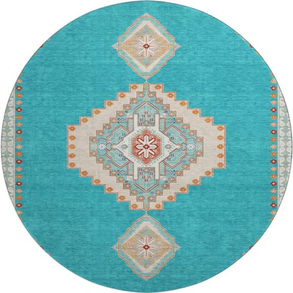 HomeRoots 679603 8 ft. Teal Salmon & Beige Oriental Washable Round Area Rug with UV Protection