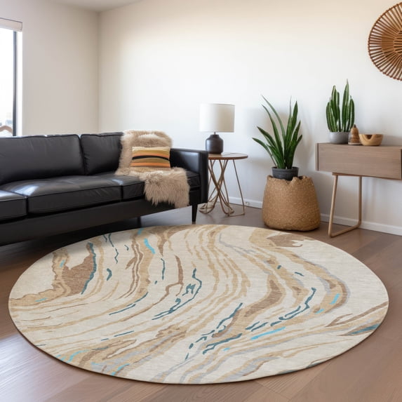 Addison Rugs Mayfield Premium Machine Washable Transitional Swirls Beige Round Rug, 8' x 8'