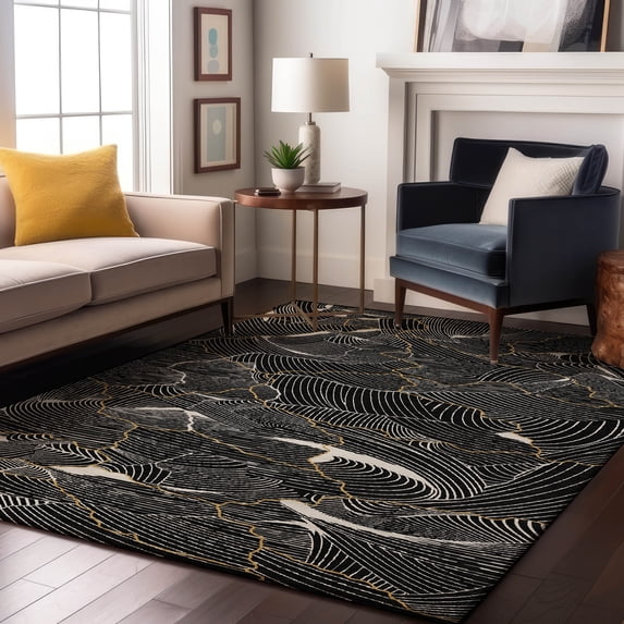 Addison Rugs Mayfield Premium Machine Washable Transitional Lines Black Rectangle Rug, 9' x 12'