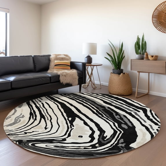 Addison Rugs Mayfield Premium Machine Washable Transitional Swirls Black Round Rug, 8' x 8'