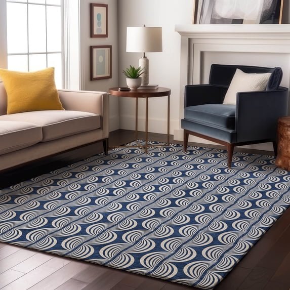 Addison Rugs Mayfield Premium Machine Washable Transitional Swirls Navy Rectangle Rug, 9' x 12'