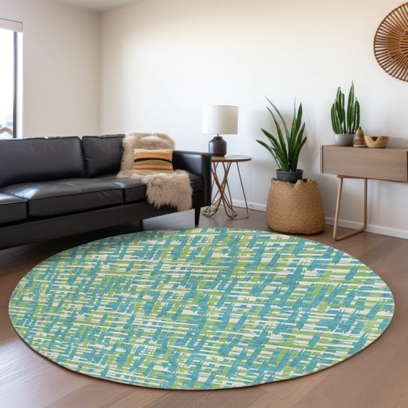 Addison Rugs Mayfield Premium Machine Washable Transitional Lines Turquoise Round Rug, 8' x 8'