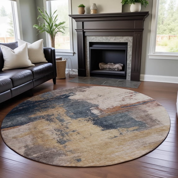 Addison Rugs Mayfield Premium Machine Washable Transitional Modern Gold Round Rug, 8' x 8'