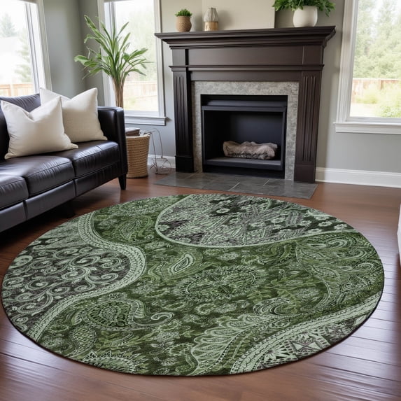 Addison Rugs Mayfield Premium Machine Washable Transitional Swirl Olive Round Rug, 8' x 8'