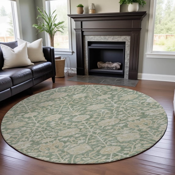 Addison Rugs Mayfield Premium Machine Washable Transitional Floral Aloe Round Rug, 8' x 8'