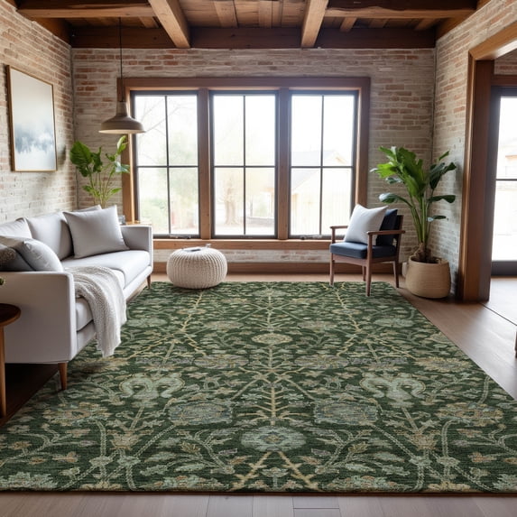 Addison Rugs Mayfield Premium Machine Washable Transitional Floral Green Rectangle Rug, 9' x 12'