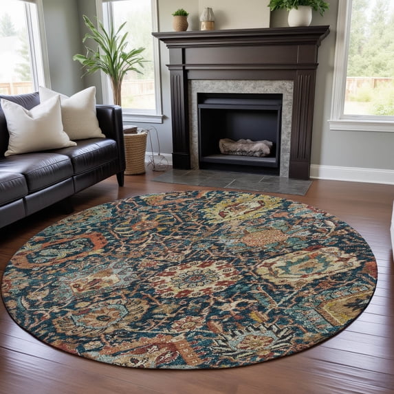 Addison Rugs Mayfield Premium Machine Washable Traditional Damask Navy Round Rug, 8' x 8'