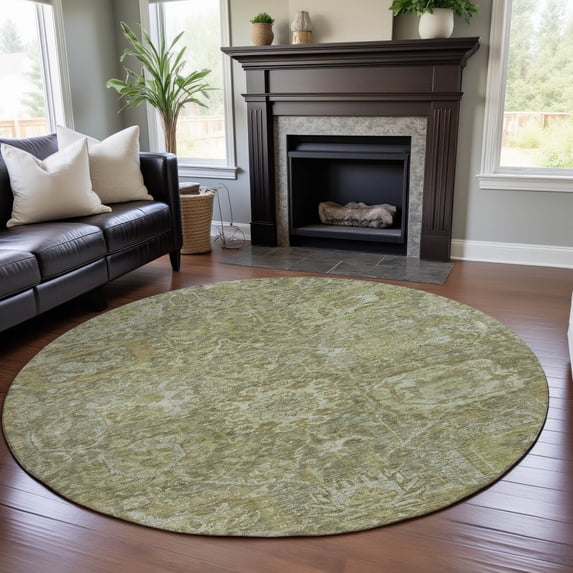 Addison Rugs Mayfield Premium Machine Washable Traditional Damask Sage Round Rug, 8' x 8'