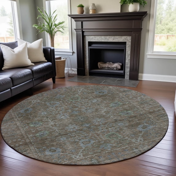 Addison Rugs Mayfield Premium Machine Washable Traditional Global Brown Round Rug, 8' x 8'